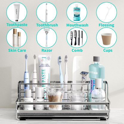 HapiRm Toothbrush Holders for Bathroom - 5 Partitions Bathroom Counter Organizer with Instant Drying Stone, Stainless Steel Countertop Storage Electric Toothbrush Toothpaste Holder - Black