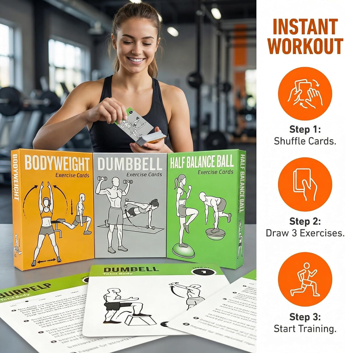 Bodyweight & Dumbbell Workout Cards - 100 Large 5"x3.5" Exercise Cards with 24 Strength Moves, Home & Gym Fitness Cards for Men & Women, Beginner Fitness Guide
