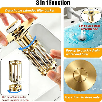 Anlige Bathroom Sink Drain Strainer, 3 in 1 Pop Up Bathroom Sink Stopper with Removable Brass Basket Hair Catcher, Universal Sink Plug for 1.06 to 1.6in Drain Hole, Chrome Silver