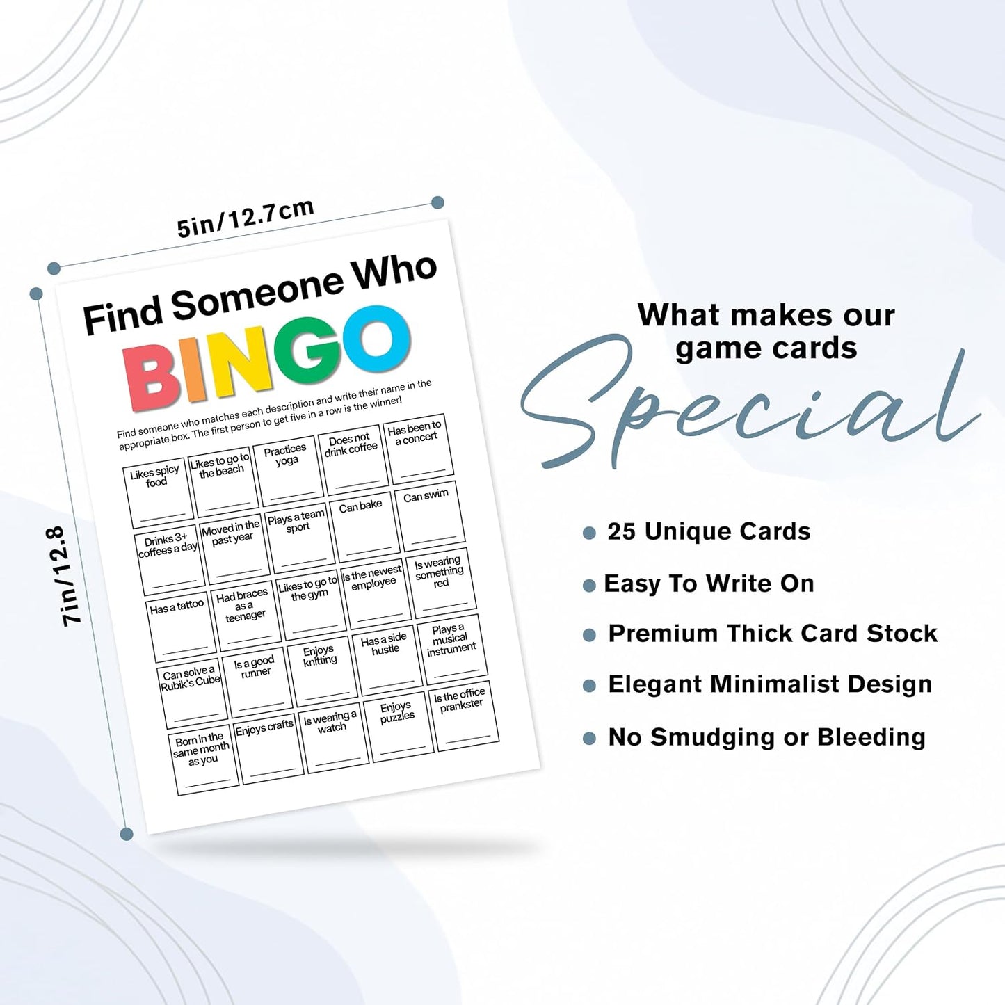 Find Someone Who Bingo Cards, 25 Unique Randomized 5x7 Sheets, Get to Know You Bingo Game for Adults, Ice Breaker Office Party Games, Team Building Games for Work, High Replay Value - A05