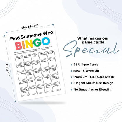 Find Someone Who Bingo Cards, 25 Unique Randomized 5x7 Sheets, Get to Know You Bingo Game for Adults, Ice Breaker Office Party Games, Team Building Games for Work, High Replay Value - A05