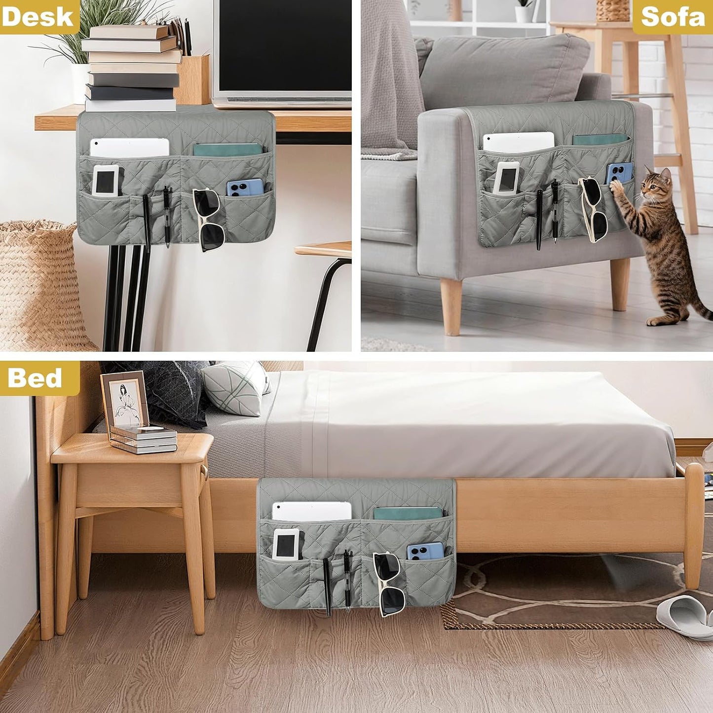 Remote Control Holder for Recliner, Armchair Caddy, Non Slip Sofa Armrest Organizer for Recliner Couch With 6 Pockets for TV Remote,Cell Phone,Magazine (Off-White)