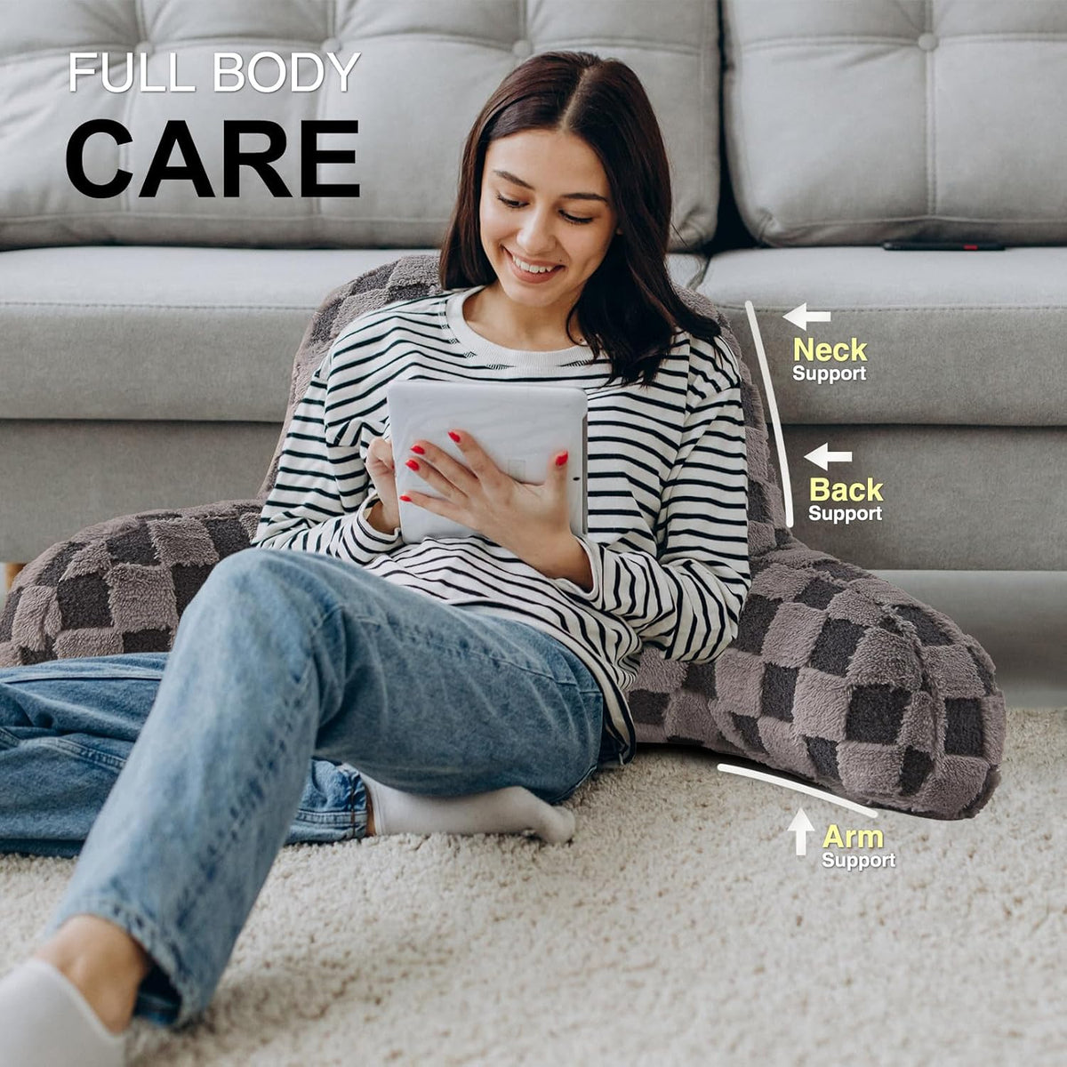 Aimuan Reading Pillow Checkered Bed Rest Wedge Backrest Checkerboard Pillow with Arms Back Support for Sitting Up in Bed Cushion Incline Rest Sleeping Snoring Pillow (Beige,Large)
