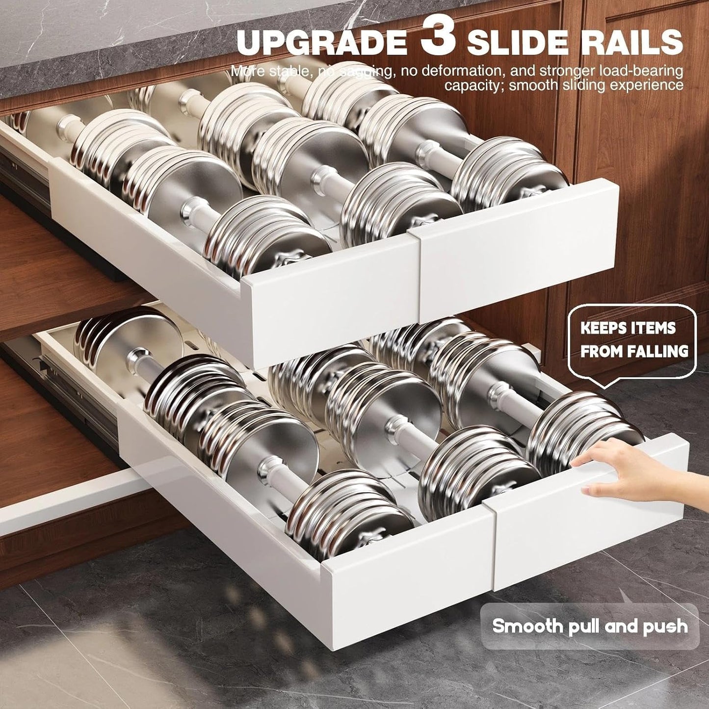 Seinloes Pull Out Cabinet Organizer,4-Side Expandable to Maximize Cabinet Space,Slide Out Drawers with 3 Rail Design,Roll Out Shelf with Raising Pad for Framed Cabinet,13"-21"W x 17"-24"D,White,2 Pack