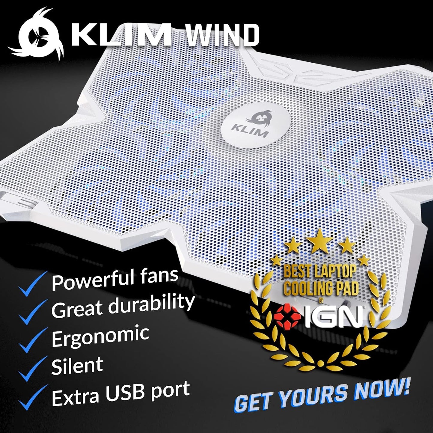 KLIM Wind Laptop Cooling Pad - More Than 500 000 Units Sold - New Version - The Most Powerful Rapid Action Cooling Fan - Laptop Stand with 4 Cooling Fans at 1200 RPM - USB Fan - PS5 PS4 - RGB