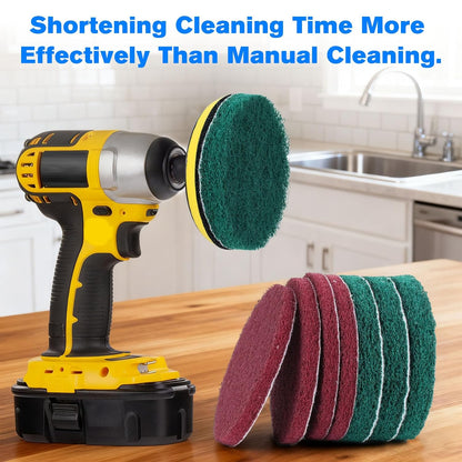 4" Drill Brush Scouring Pads Set, 4Red 4Green + Attachment & Shaft for Tile | 4-Inch Scrub Drill Brush Pads Set: 4 Red, 4 Green Pads, Drill Attachment & Shaft. For Kitchen, Bath, Tile, Glass, Porcelain