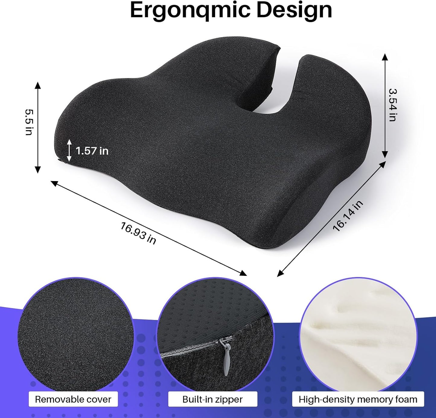 Ergonomic Seat Cushion, Office Chair Cushion for Sciatica Support, Pink | Office Seat Cushion for Tailbone Pain Relief, Sciatica, Hip, Coccyx Cushion for Car, Memory Foam Chair Pad for Long Sitting