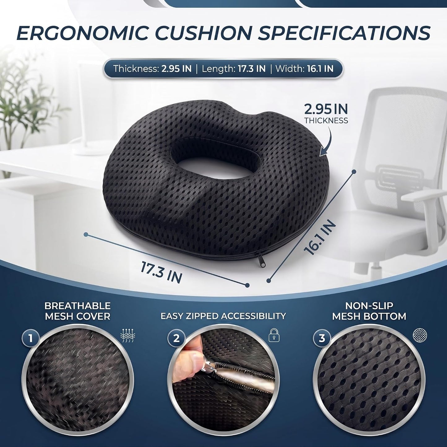 Circular Memory Foam Seat Cushion, Tailbone Pressure Relief Pillow for Office Chair Car Wheelchair, Breathable Mesh Comfort Pad for Daily Sitting Support (Black)