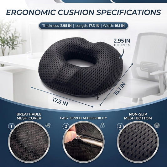 Circular Memory Foam Seat Cushion, Tailbone Pressure Relief Pillow for Office Chair Car Wheelchair, Breathable Mesh Comfort Pad for Daily Sitting Support (Black)