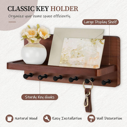 Nekon Key Holder for Wall with Shelf, Pine Wooden Key Hanger, Black | Small Wall Mounted Key Holder with 4 Hooks, Farmhouse Wall Organizer for Home Entryway & Apartment