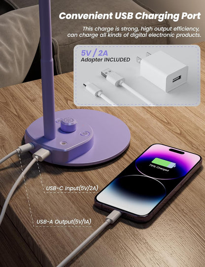 BOHON LED Desk Lamp with USB Charging Port 3 Color Modes Dimmable, Black | Reading Light Intelligent Induction Auto Dimming Task Lamp Neck Flexible Table Lamp for Bedside Office, AC Adapter Include