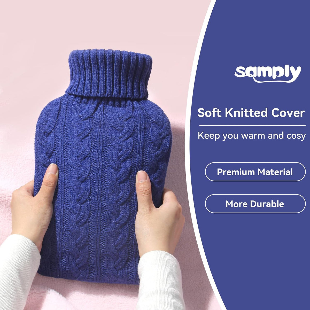 samply 2L Hot Water Bottle with Knitted Cover, Hot Water Bag, Purple