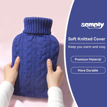 samply 2L Hot Water Bottle with Knitted Cover, Hot Water Bag, Purple