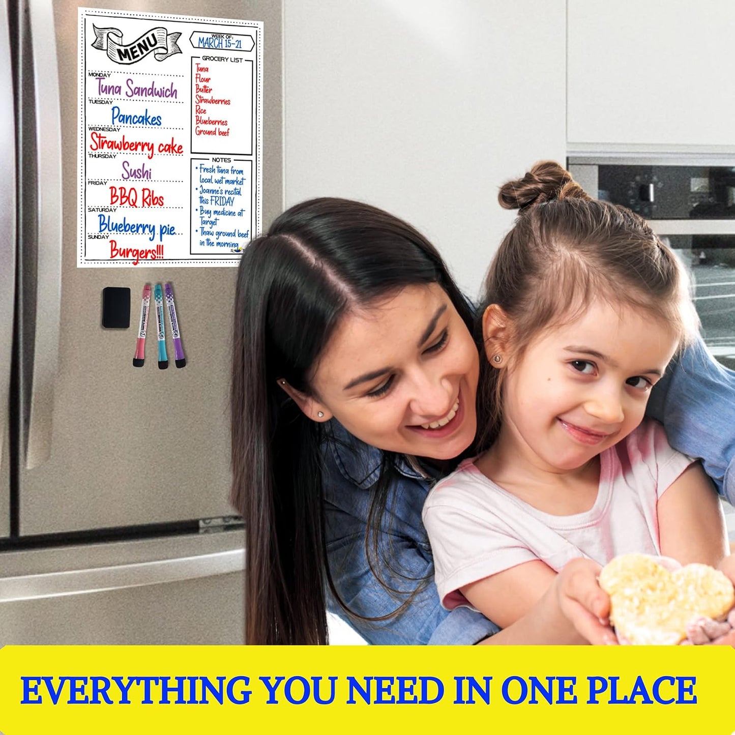 White Magnetic Dry Erase Weekly Menu Board for the Fridge | Weekly meal and dinner planner, 7-day grid, grocery and to-do lists, 12x16 inches, fits standard fridge, 3 markers, eraser