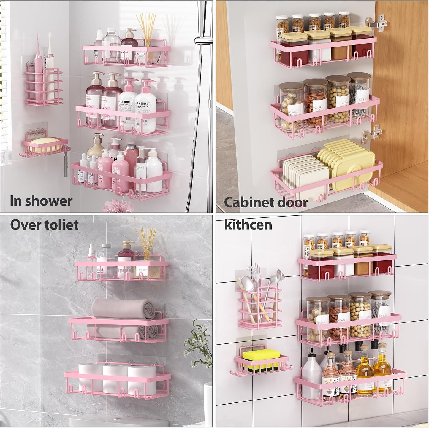 Liuoud 5 Pack Shower Caddy for Inside Shower, Gold Bathroom Storage Decor | Large Rustproof Stainless Steel Organizer with Strong Adhesive, No Drilling Wall Mounted Shelves, Bathroom Accessory Set