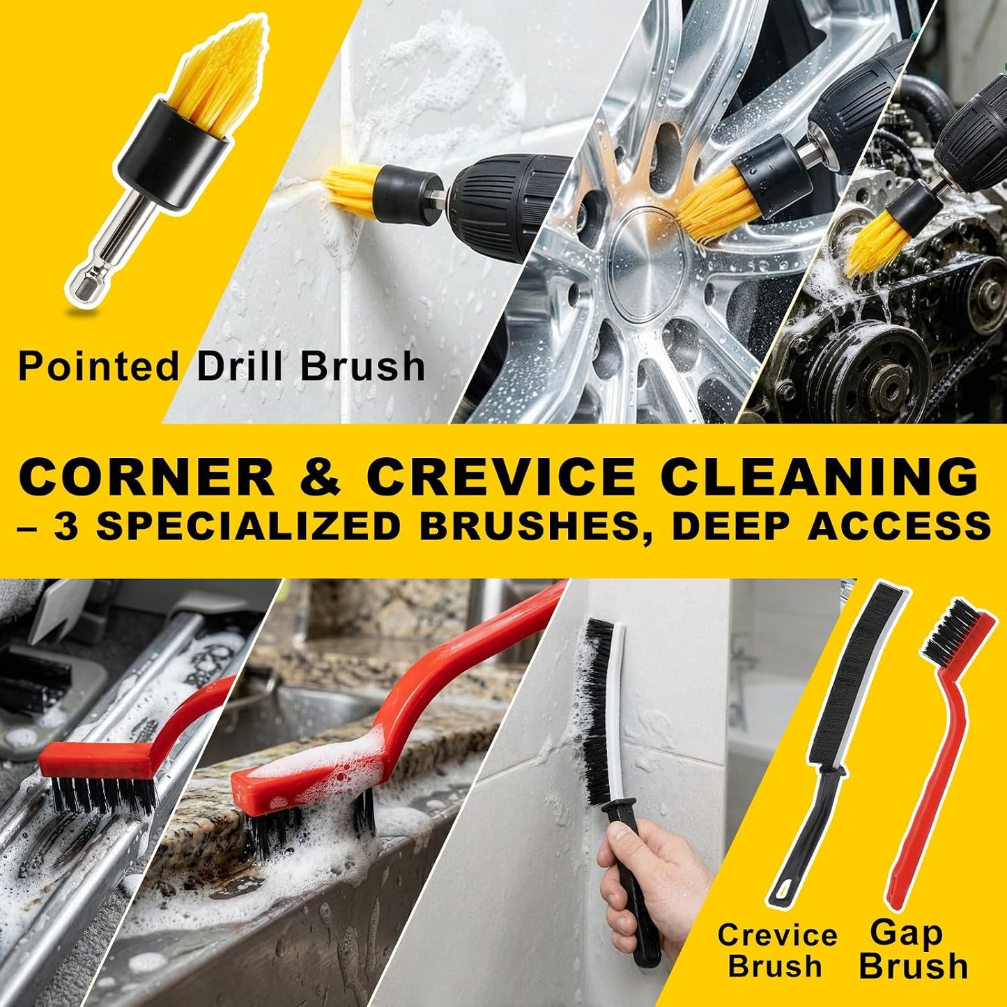 6Pcs Drill Brush Cleaning Kit with Extendable Rod, Yellow | Power Scrubber Attachments, For Shower, Tub, Tile, Grout, For Kitchen and Car