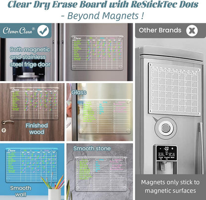 Clear Non-Magnetic Calendar Set for Fridge - Dry Erase Transparent Monthly and Weekly Calendar, List and Blank Whiteboard - Sticks to Wall, Glass, Door, Any Smooth Surfaces