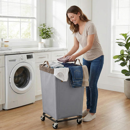 StorageWorks 160L Laundry Basket with Wheels, Rolling Hampers for Clothing | Beige Laundry Basket with Wheels, Metal Frame & Handles, Rolling Hamper for Bedroom, Bathroom, Dorm, Hotel