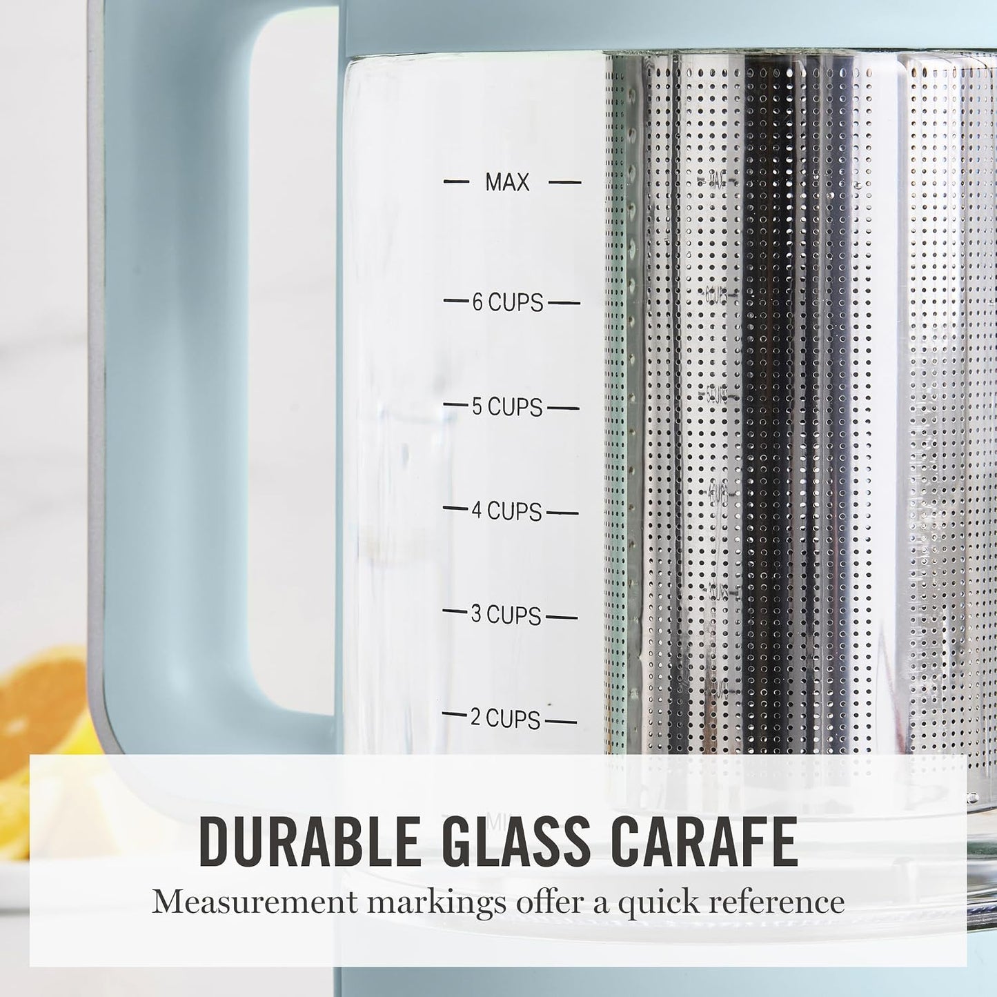 Martha Stewart 1.7L Glass Carafe Electric Kettle with Removable Tea Infuser | 7 Cups, 4 Presets, Rapid Boiling, Stainless Steel Tea Leaf Infuser, Cordless Swivel Base, Keep Warm, Auto Shut-Off, Linen