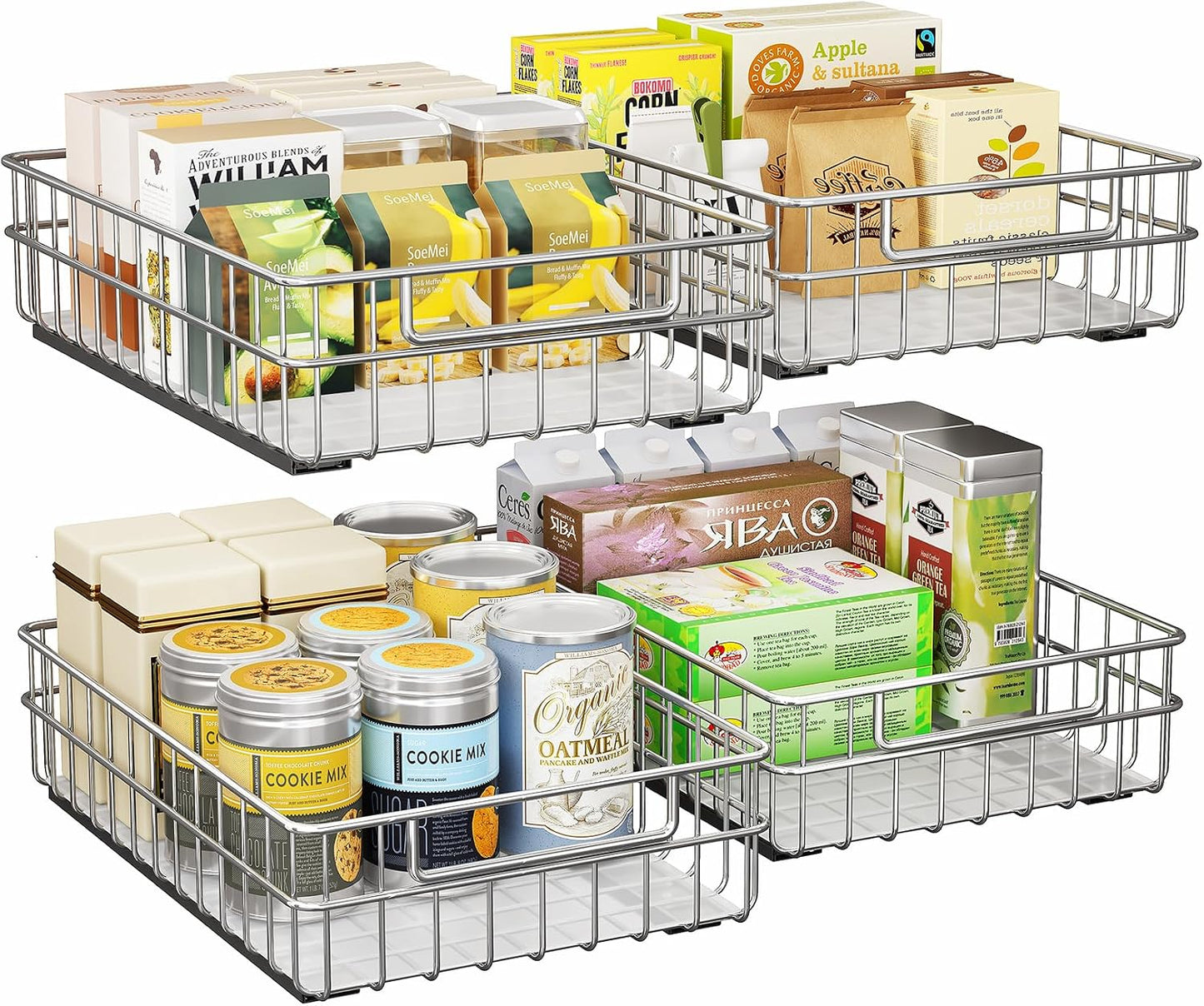 Pull out Cabinet Organizer, Stainless Steel 2-Pack Slide out Drawer with Silent Full-Extension Slides, Adhesive Roll out Can Spice Storage Basket Shelf Rack for Pantry, Kitchen, Bathroom, Home Closet