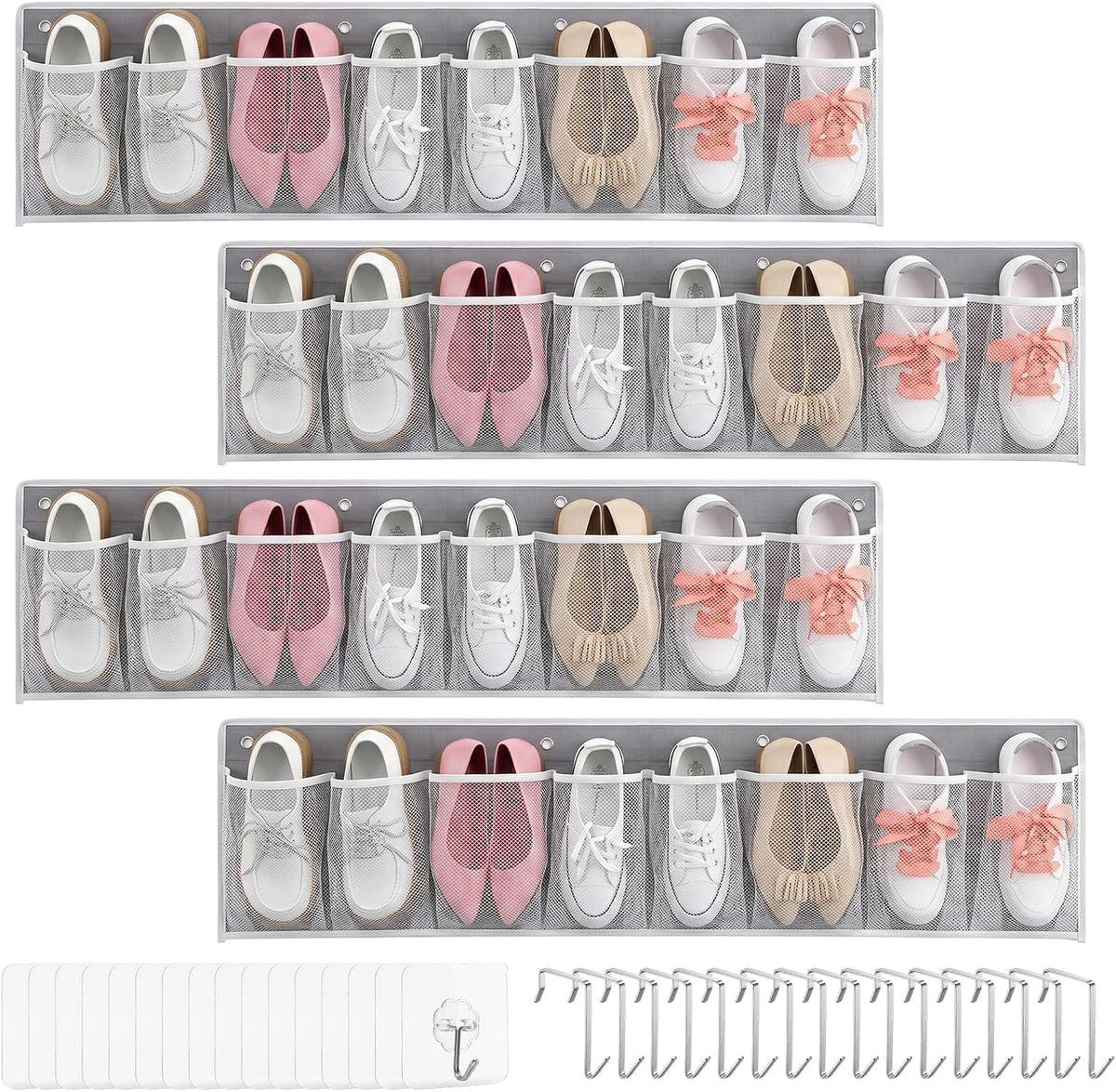 RV Shoe Storage for Bedside - 4 Packs Hanging Shoe Organizer with 32 Large Mesh Pockets, Wall Mounted Entryway Shoes Rack, Bed Hanging Pocket Caddy for Camper, Dorm & Bedroom Organization, Gray