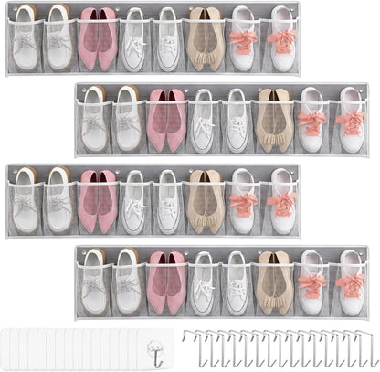 RV Shoe Storage for Bedside - 4 Packs Hanging Shoe Organizer with 32 Large Mesh Pockets, Wall Mounted Entryway Shoes Rack, Bed Hanging Pocket Caddy for Camper, Dorm & Bedroom Organization, Gray