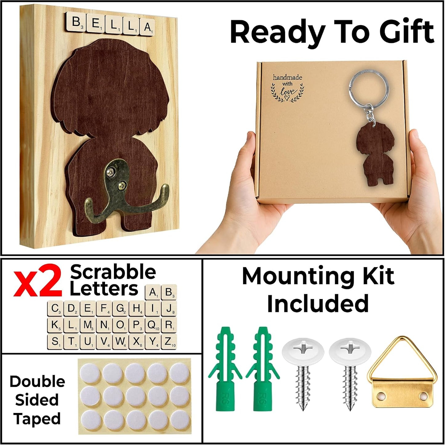 Dog Leash Holder Wall Mount, Pet Harness Hanger with Scrabble Letters, Dog Collar Organizer for Entryway, Memorial Cat Leash Holder for Wall, Pet Loss Gifts, Keepsake, Home Decor PF212-NAT