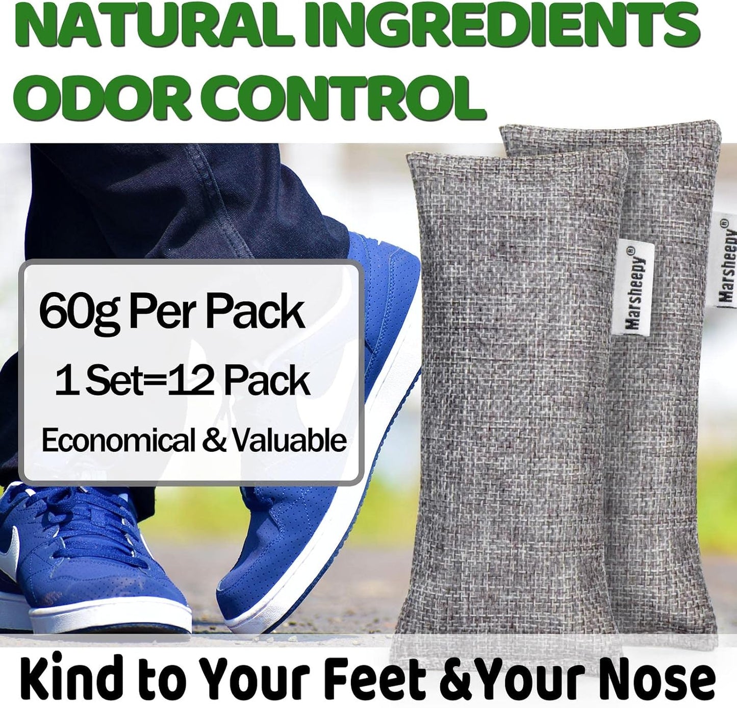 6 Pack Activated Charcoal Shoe Odor Eliminator, Shoe Deodorizer insert Bag | 100% Natural Shoes Smell Remover，eliminates odor naturally,(60g X 6 PACK)