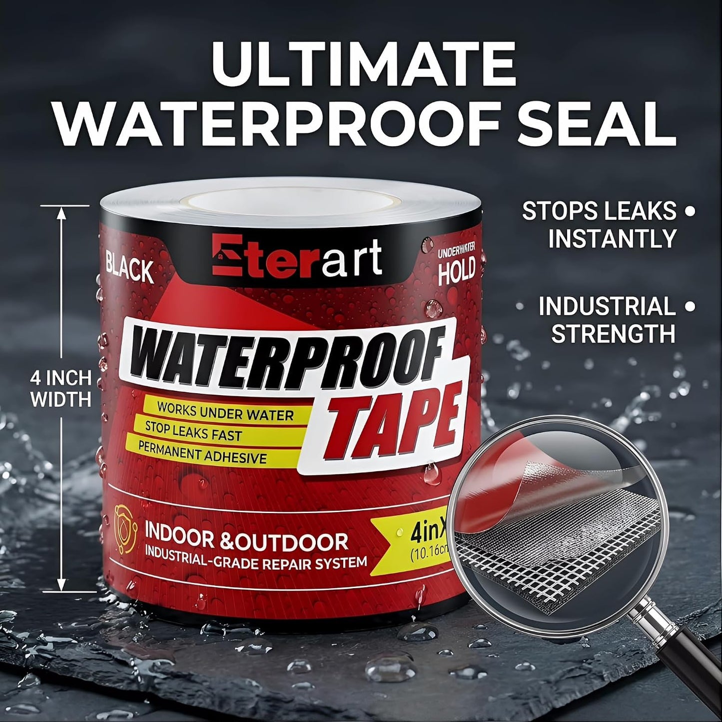 Waterproof Tape Black, Seal Repair for Roofs, Pool Liners & Pipes, 4"x10FT | Heavy Duty Rubberized Active Leaks, - All-Weather Emergency Patch Tool for Homeowners & Campers, Easy to Apply, Durable