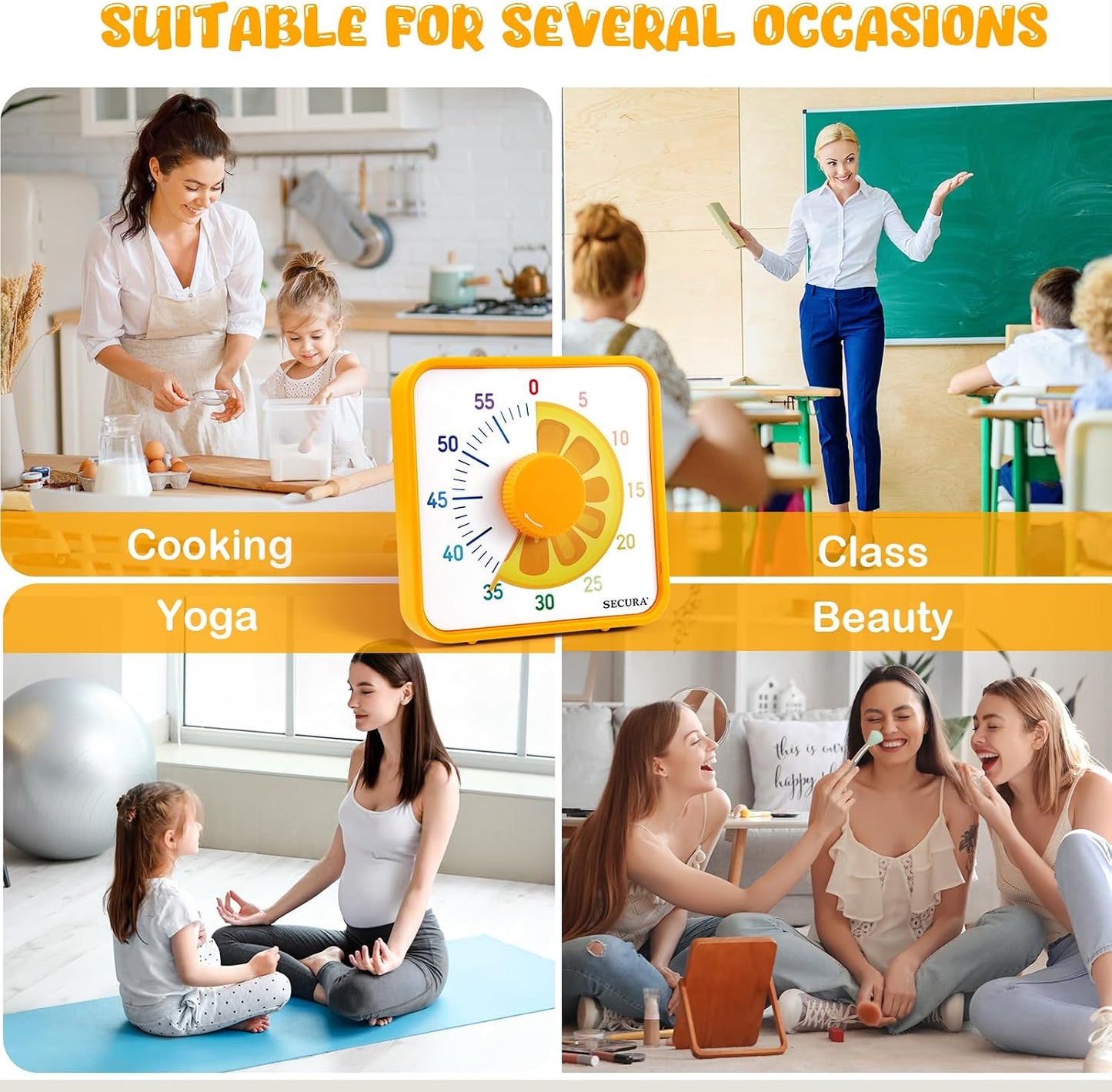 Secura 7.5-Inch Fruit Visual Timer for Kids, 60-Minute Countdown Timer for Classroom or Kitchen, Durable Mechanical Timer Clock with Magnetic Backing (Orange)