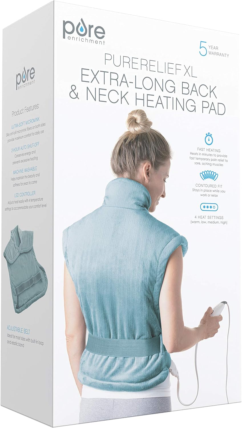 Pure Enrichment PureRelief XL Extra-Long Back & Neck Heating Pad, 4 Settings