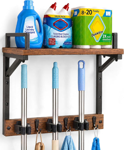Lorbro Broom Holder Wall Mount with Cleaning Supplies Storage, Heavy Duty | 3 in 1 Broom and Mop Organizer Wall Hanging, Wooden Mop Organizer Hanger, Storage Shelves for Laundry Room, Garage