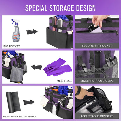 SCAVATA Wearable Cleaning Caddy, Cleaning Caddy Supplies Organizer with Handle & Shoulder Straps for Housekeepers, Under Sink & Car Cleaning Tool Organizers Bag with 4 Foldable Divider (NavyBlue)