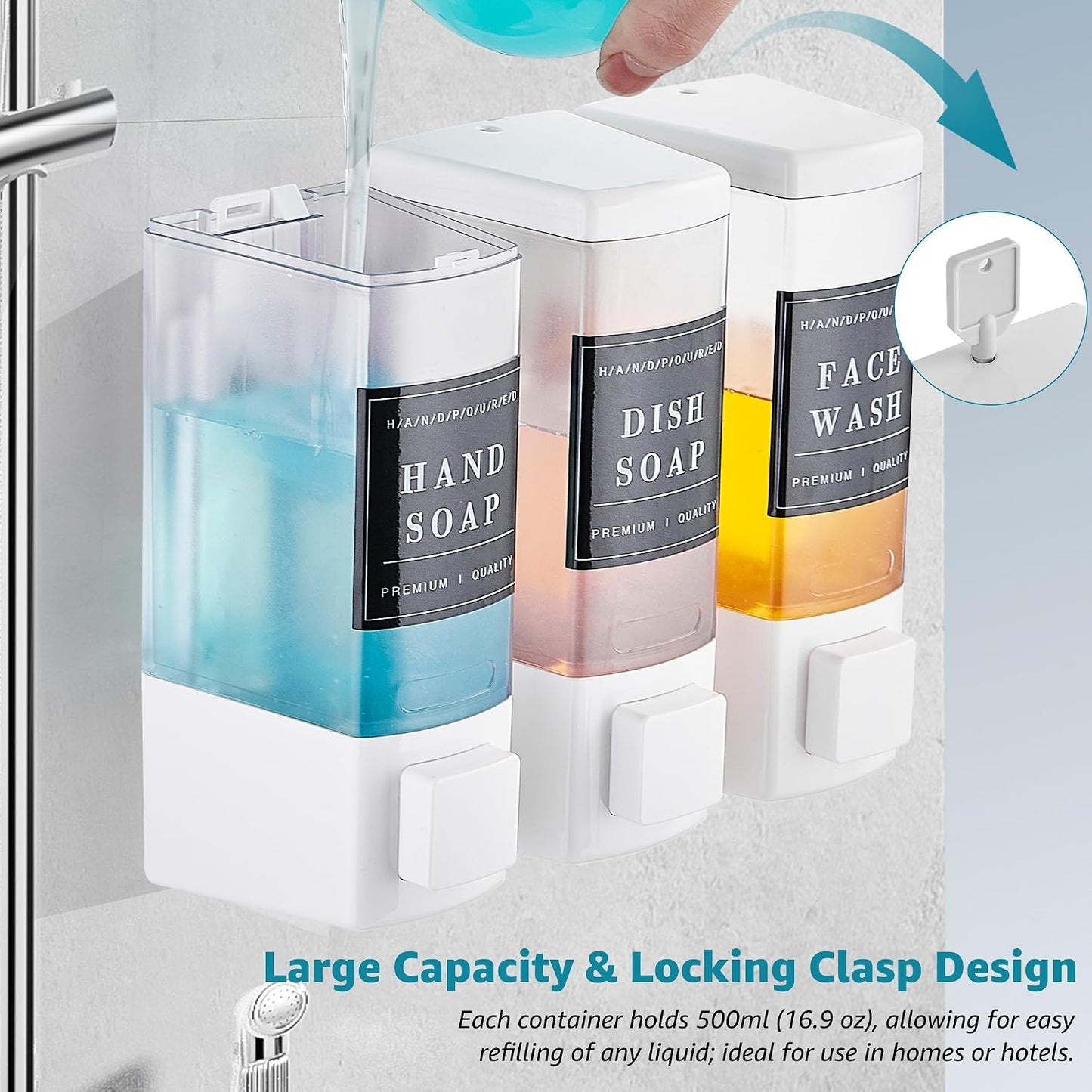Shampoo and Conditioner Dispenser for Shower, 3 Chamber, Black | Wall Mounted, No Drill, 3×16.9oz, ABS Plastic Material, Refillable With Labels, For Bathroom Hotel