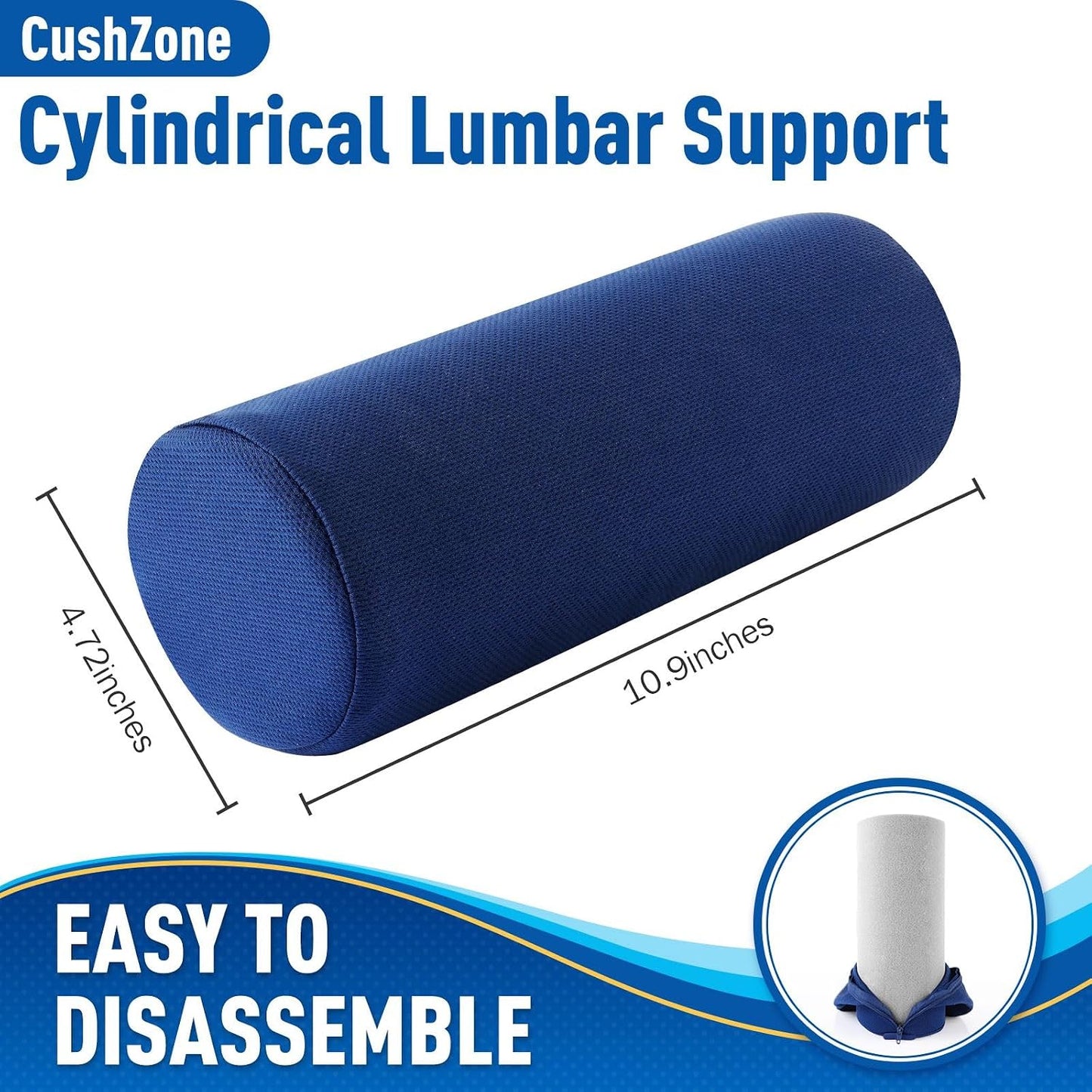 CushZone Lumbar Roll Support Pillow, Memory Foam Back Cushion, Black | Helps Relieve Back Pain & Supports Posture,Adjustable Strap Fits Office,Car & Gaming Chairs,Washable Cover
