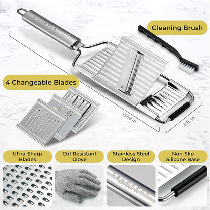Gramercy Handheld Mandoline Slicer for Kitchen - Stainless Steel Veggie & Fruit Slicer with 4 Blades - Slicer, Julienne & Grater, Cut Resistant Safety Glove & Cleaning Brush Included, Dishwasher Safe