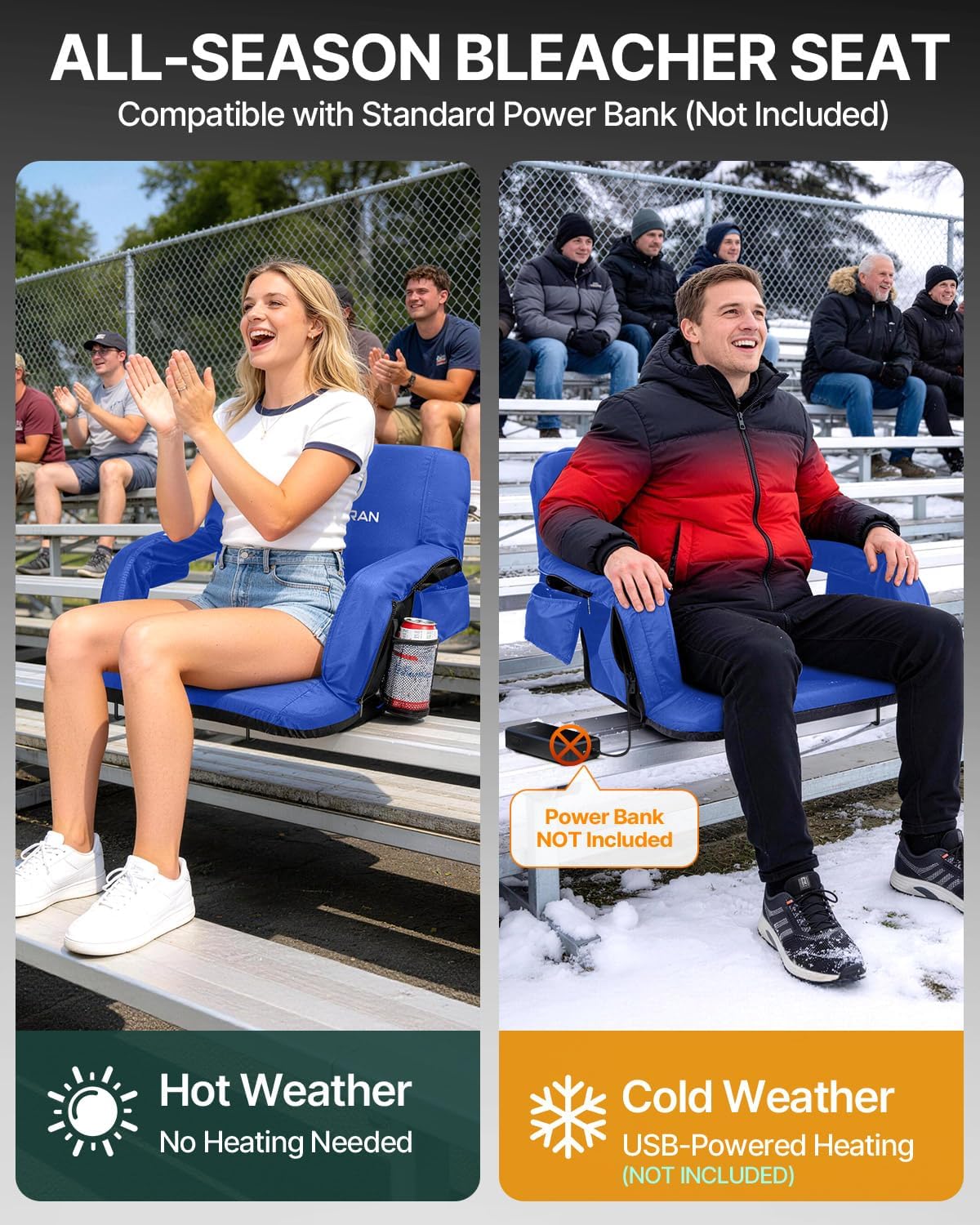 HOPERAN 21" Heated Stadium Seats for Bleachers with Back Support, Black