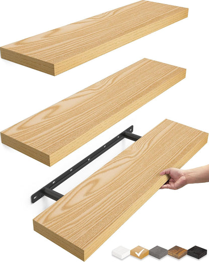 BAYKA Rustic Brown Floating Shelves 22.5in, Set of 2, Wall Mount Wood Shelf | Easy Install, 22lbs Max Load, Hidden Bracket, for Bathroom Bedroom Living Room or Kitchen, Hanging Shelf Book Decor Storage