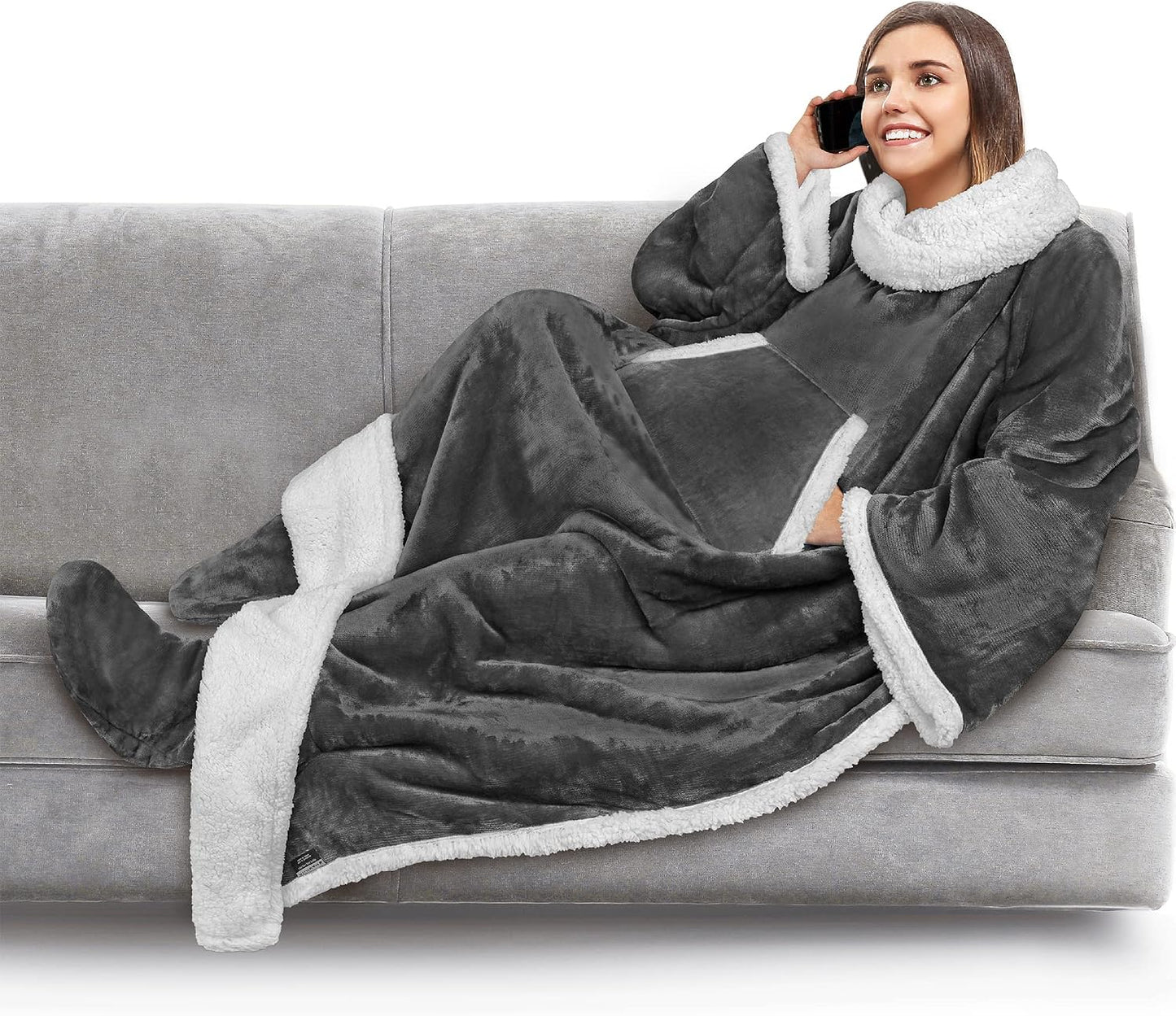PAVILIA Fleece Blanket with Sleeves, Foot Pockets for Women Men Adults, Plush Wearable Blanket Throw Wrap, Warm Snuggle Blanket Robe, Cozy Gift Ideas Wife Mom, Dark Purple