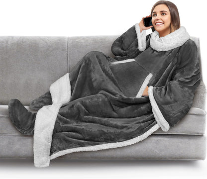 PAVILIA Fleece Blanket with Sleeves, Foot Pockets for Women Men Adults, Plush Wearable Blanket Throw Wrap, Warm Snuggle Blanket Robe, Cozy Gift Ideas Wife Mom, Dark Purple