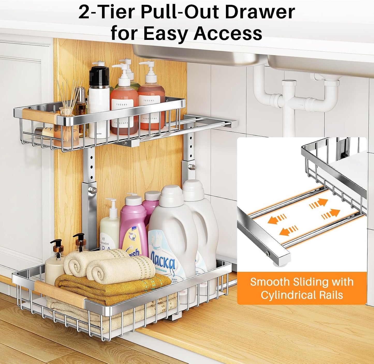 PXRACK Under Sink Organizer, Adjustable Height, 2 Tier Pull Out Under Cabinet Organizer, Slide Out Thickened Metal Under Sink Storage for Kitchen Bathroom Laundry Pantry Cabinet, White, Large-2-Pack