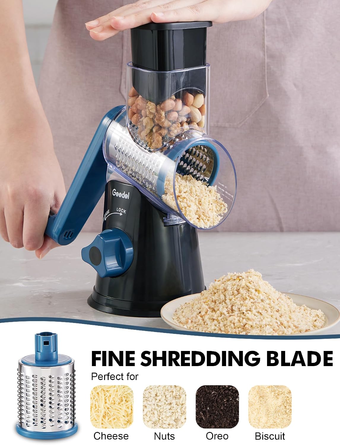 Geedel Rotary Cheese Grater, Kitchen Mandoline Vegetable Slicer with 3 Interchangeable Blades, Easy to Clean Rotary Grater Slicer for Fruit, Vegetables, Nuts | 3 Blades, 430 Stainless Steel, 12x Fast Cutting, Strong Suction Base, No BPA, Dishwasher Safe,