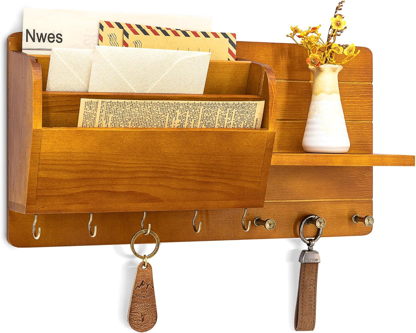 Rebee Vision Pine Wood Key Holder Wall Mount with Mail Sorter, Light Brown | Display Shelf, 8 Key Hooks, 3 Mail Sorters, Mail Organizer for Letters, Papers, Key Holder for Wall, Keep Entryways Tidy