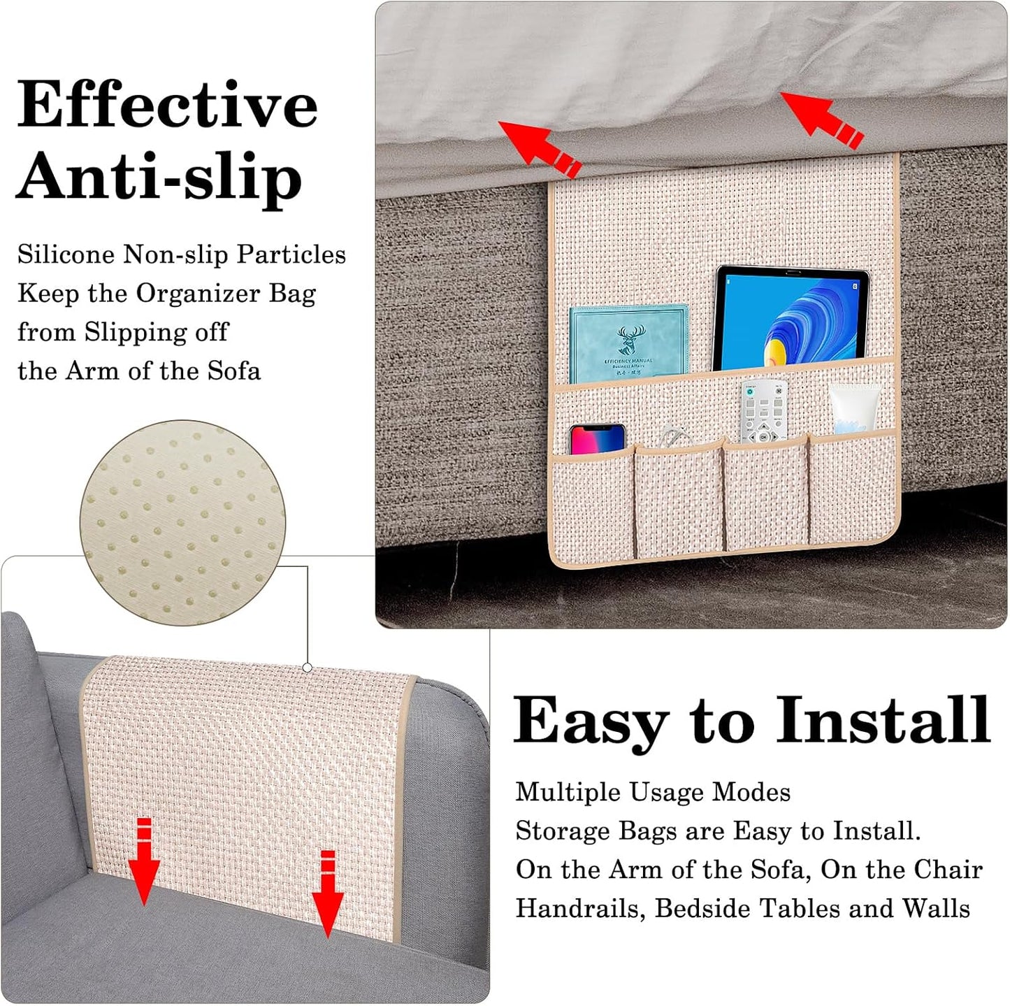 Remote Control Holder Couch Caddy, Armchair Caddy for Recliner 5 Pockets | TV Remote Holder Couch Armrest for Bed Storage with 5 Pockets, Remote Caddy Bedside Table Organizer (Light Gray,35''x13'')