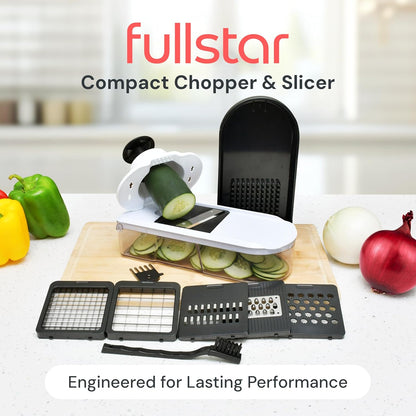 Fullstar Pro Core Vegetable Chopper & Mandoline Slicer, Meal Prep Essential | 6 in 1 Veggie Slicer, Onion & Fruit Slicer with Julienne, Grater & Dicer Stainless Steel Blades + Container (White)