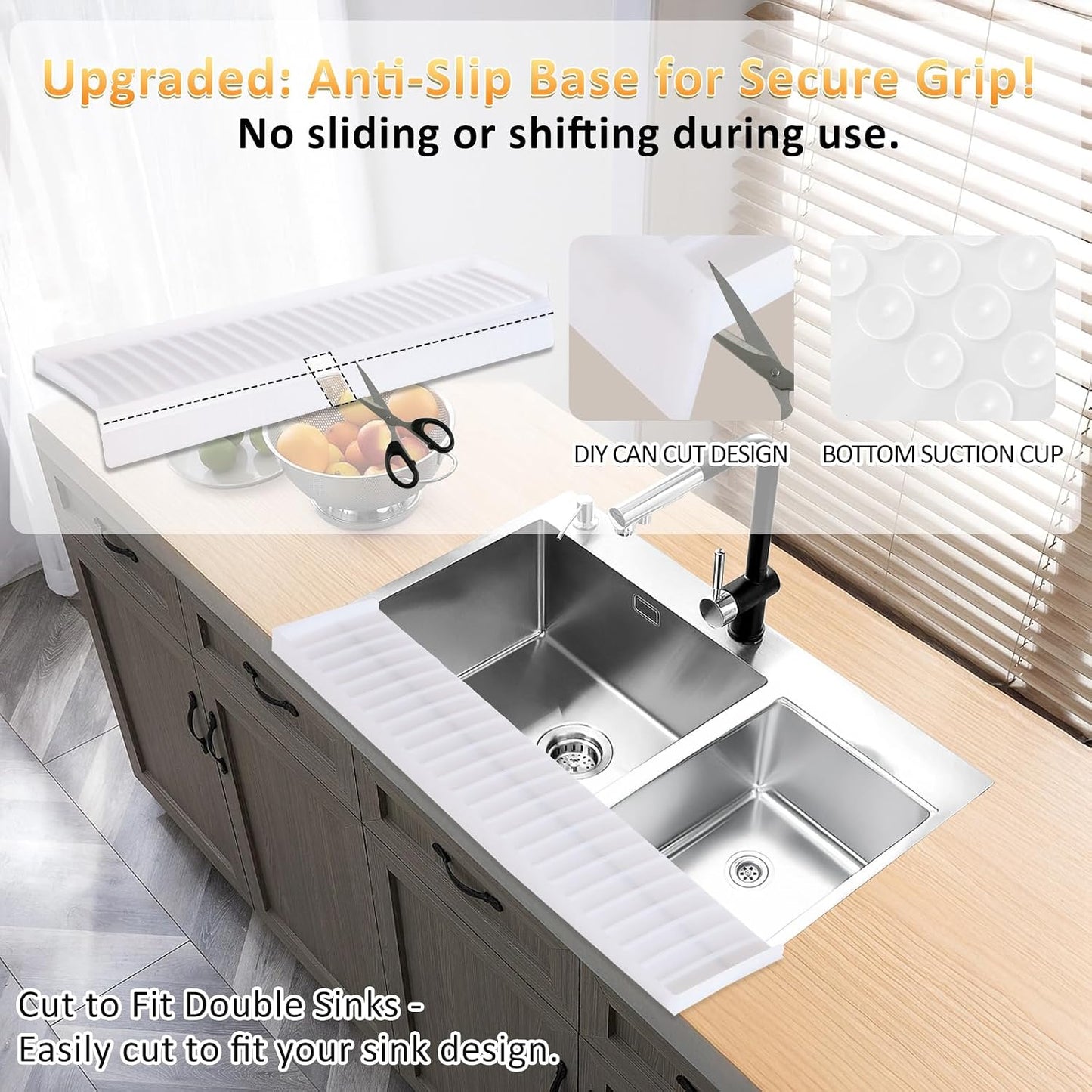 Sink Edge Protector with Suction Cup 14" 20" 24" 30", Silicone Sink Splash Guard for Kitchen & Bathroom, Protect Countertop from Scratches, Stains, for Stainless Steel Granite Quartz-Grey