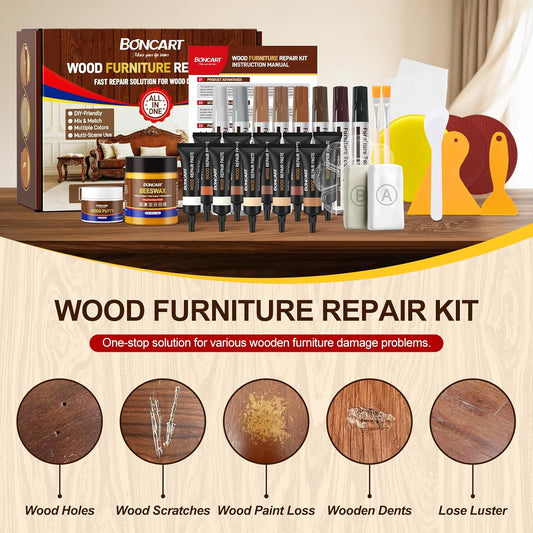 Boncart Wood Furniture Repair Kit-Set of 31 | With Wood Putty, 10-Color Fillers, 8-Color Touch-Up Markers, Epoxy Putty and Beeswax, for Scratches, Cracks and Holes Repair