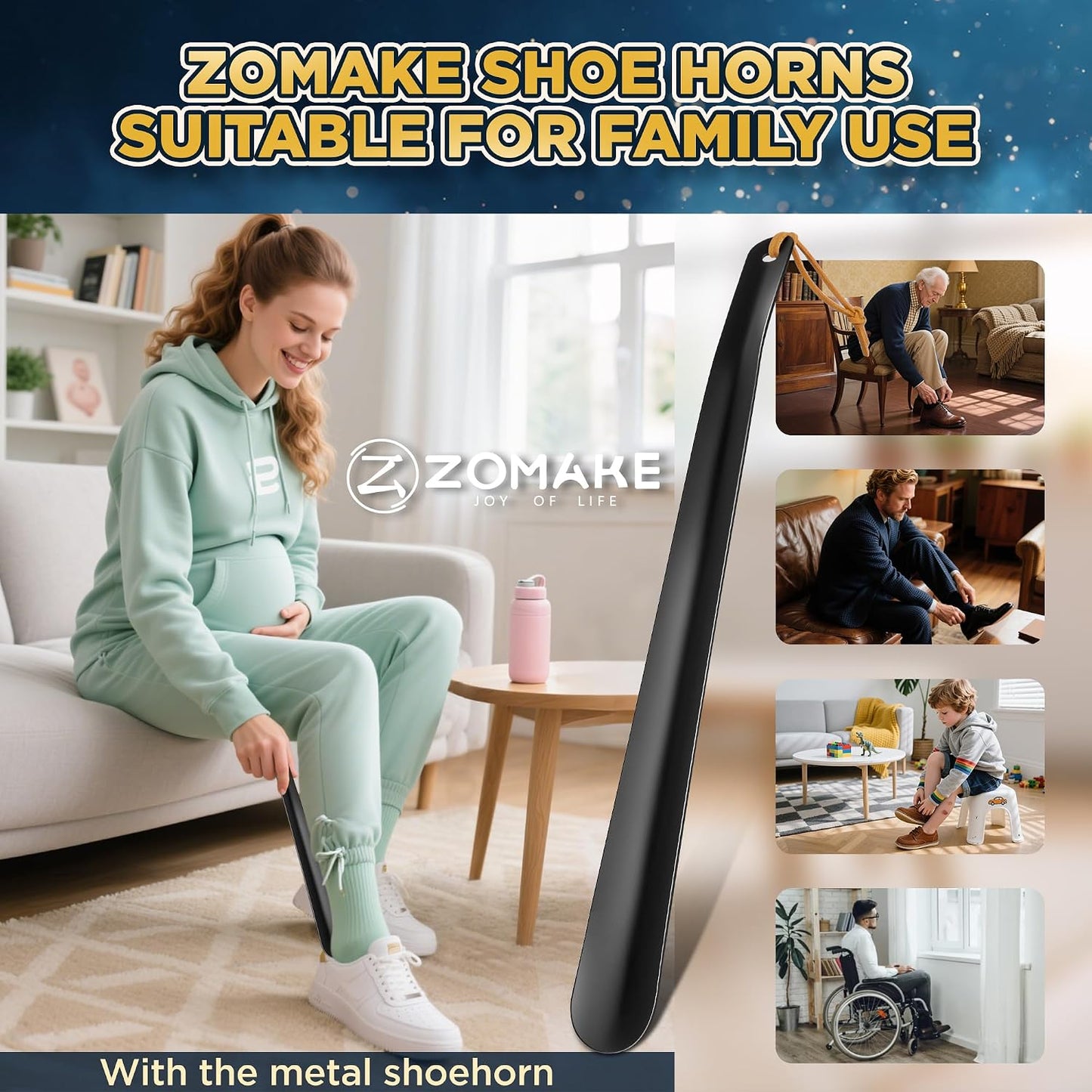 ZOMAKE Shoe Horn Long Handle for Seniors Men Women, Metal Shoehorn 16.5" | Stainless Steel Boot Horn Shoe Spoon Helper, Smooth Rounded Curve, Comfort Grip, No Bending Over, Shoe Care for Daily Use