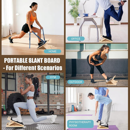 Slant Board Calf Stretch with Stretch Strap, 300 lb Portable Incline Board | Training Poster, Non-Slip Adjustable Wooden Calf Mobility Board for Calf Ankle Knees Achilles Physical Therapy Leg Exerciser