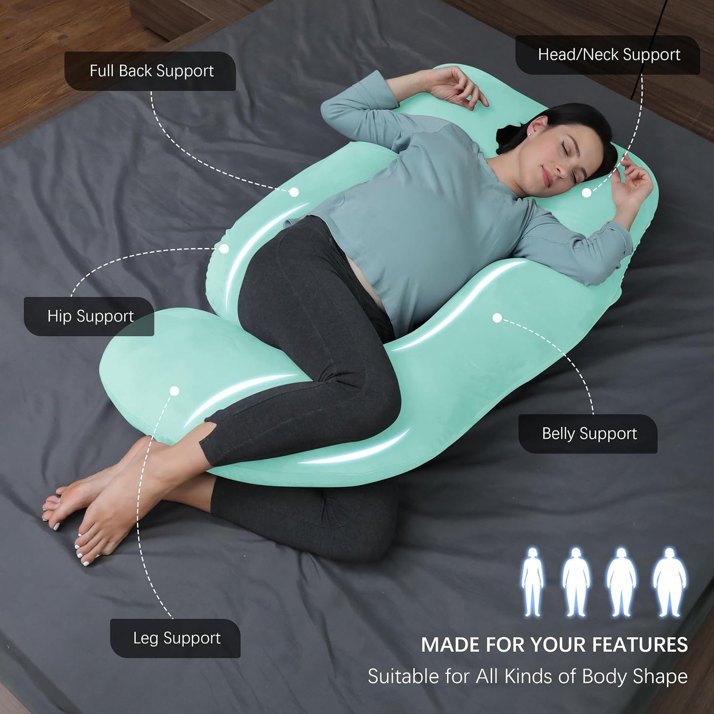 MOON PARK Pregnancy Pillows for Sleeping - 57 Inch U Shaped Full Body Maternity Pillow with Removable Cover - Support for Back, Legs, Belly, Hips - Pregnancy Pillow for Women - Grey